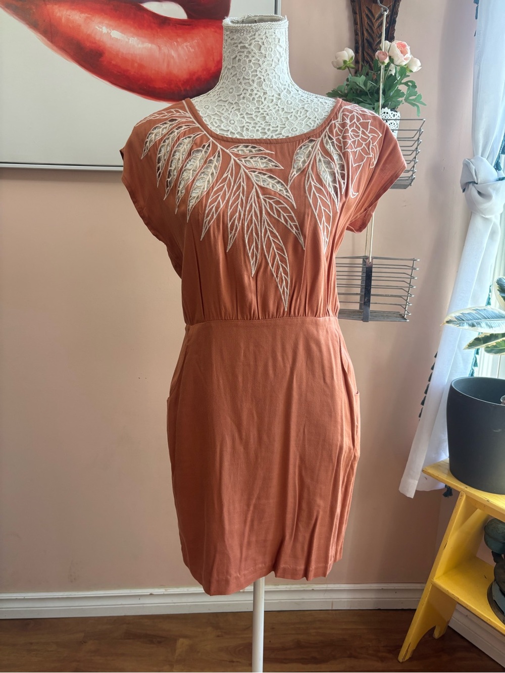 Forever 21 Rust Mini Dress with Cream Leaf Embroidery